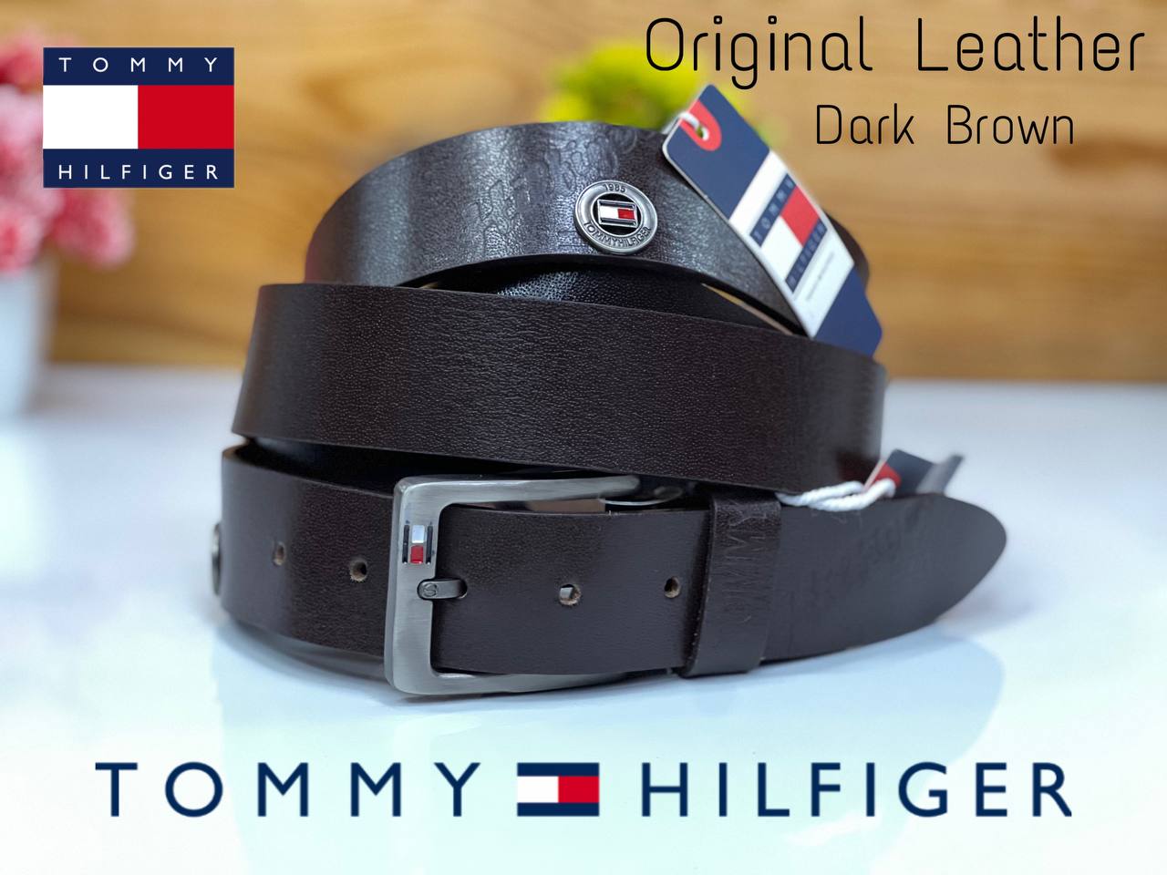 Atommy Hilfigera Original Leather Belt Dark Brown