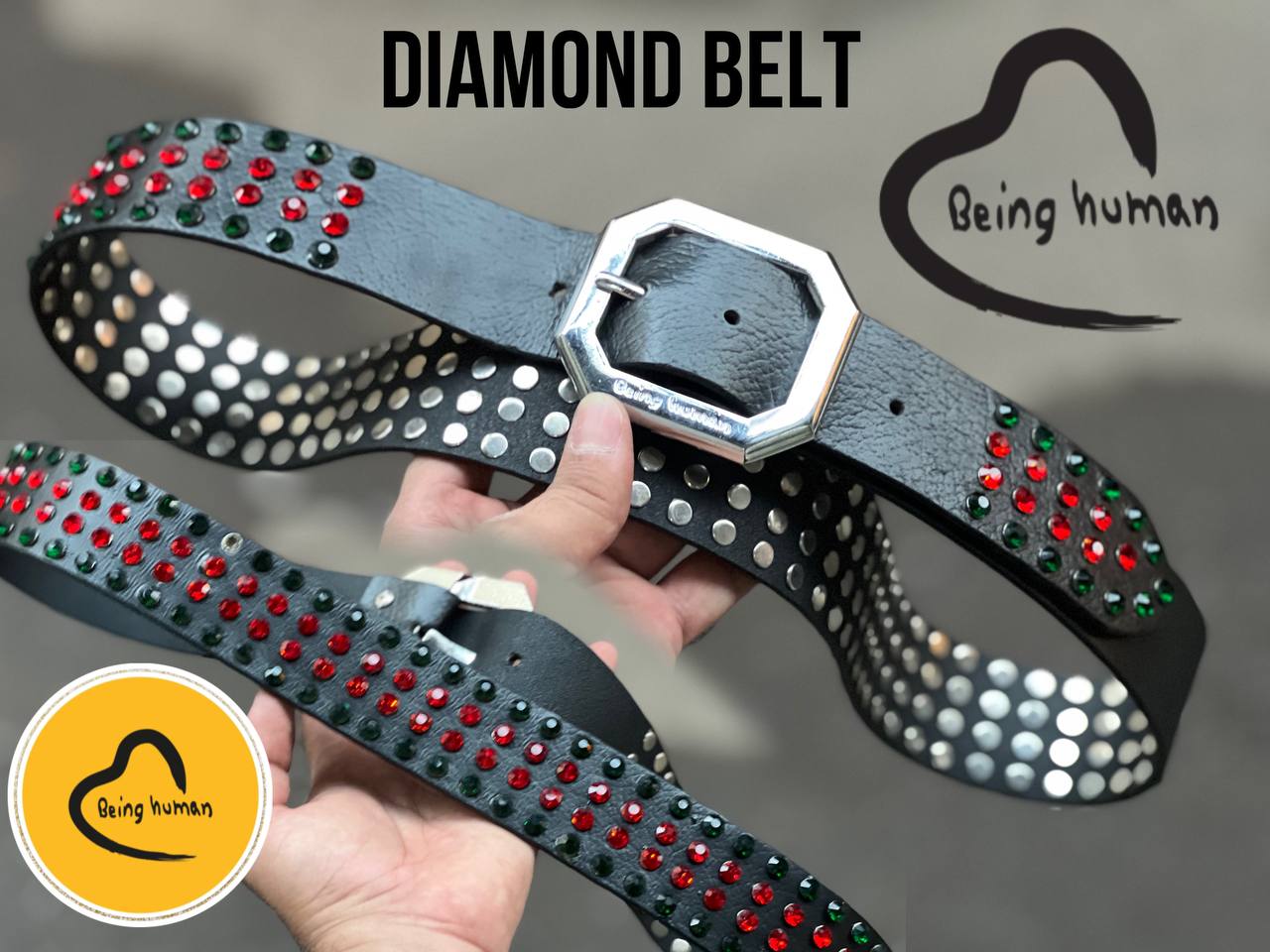 Abeing Humana Original Leather Quality Diamond Belt Red Green