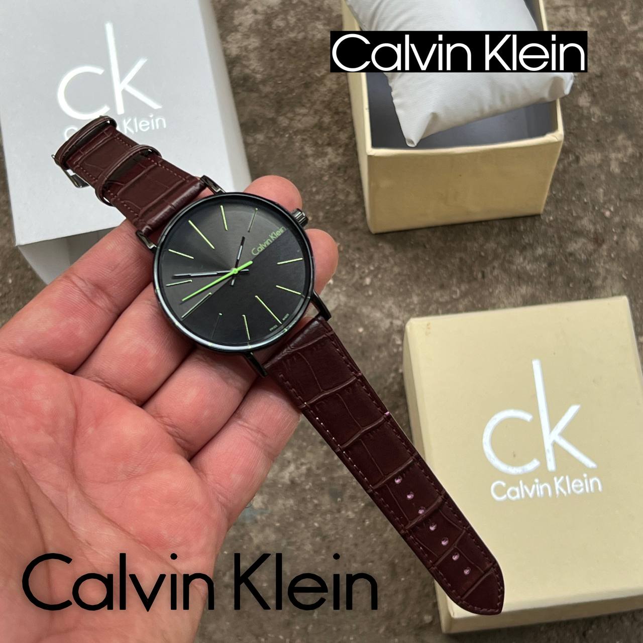 Acalvin Kleina K7Y21T Formal Watch Brown Belt Green Quartz